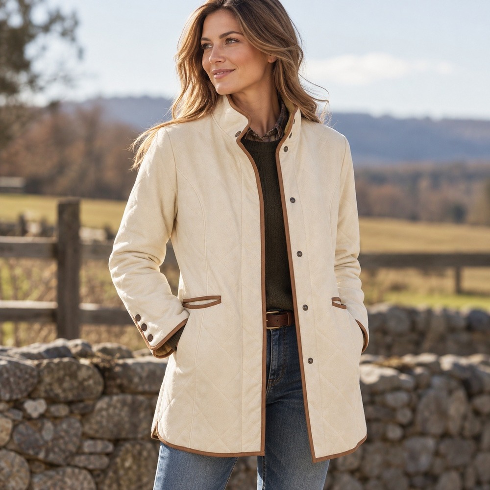 Orvis Womens Quilted Faux Suede Car Coat S Ivory Faux Fur Lined Equestrian Fall